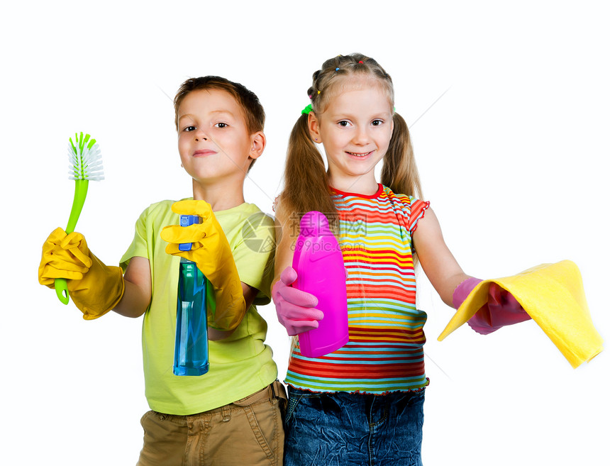 有儿童洗涤剂除尘器家务白色女性工人男性男生女孩家政孩子图片