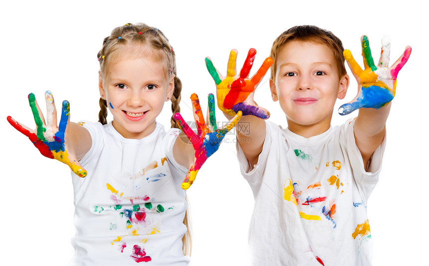 有0b 0b手的小孩涂漆画家微笑工艺艺术孩子幼儿园乐趣女孩学习快乐图片