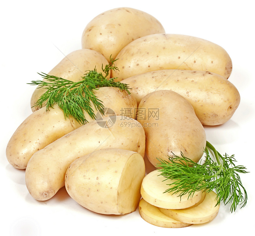 土豆和含面卷皮的马铃薯宏观淀粉香菜饮食食物蔬菜白色图片
