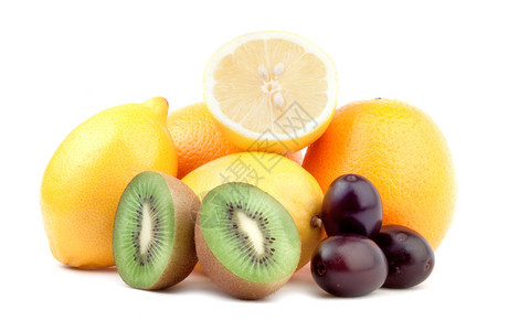 水果协定食物白色橙子柠檬奇异果背景