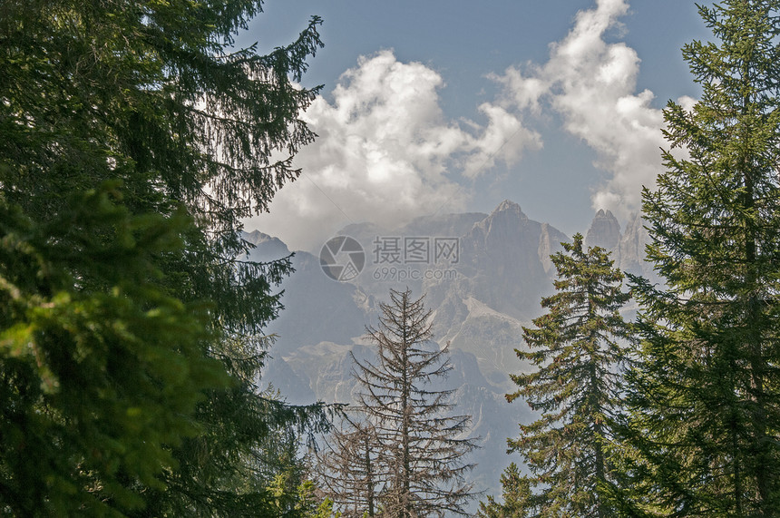 意大利Trentino南蒂罗尔地区山脉森林小路蓝色天空绿色岩石图片