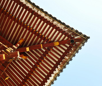 日本日日式屋顶建筑学红色寺庙木材桁架木头框架住房木工房子背景图片