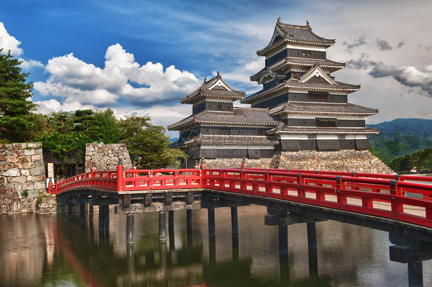 松本城堡日落旅游游客天空武士护城河城市石头墙壁文化图片