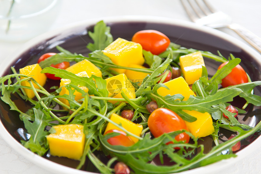 芒果 石榴和火箭沙拉午餐蔬菜橙子树叶食物红色美味水果营养黄色图片