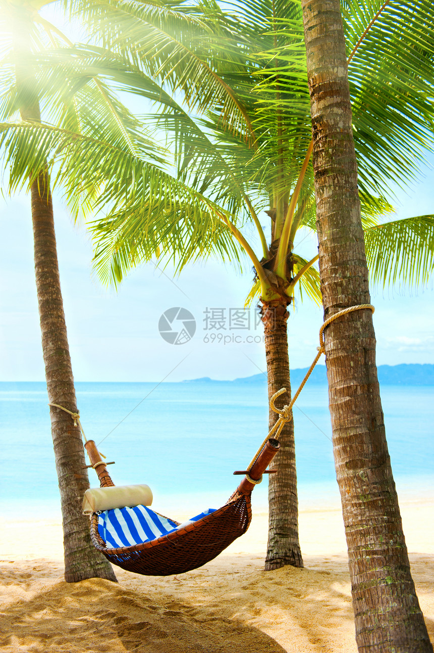 拥有棕榈树和沙沙的美丽的热带海滩天堂海景假期天空天窗海洋树木海浪蓝色棕榈图片