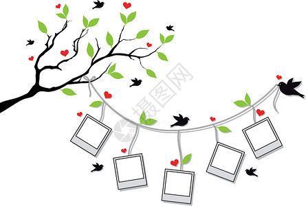 细绳树上带相框和鸟 矢量插画