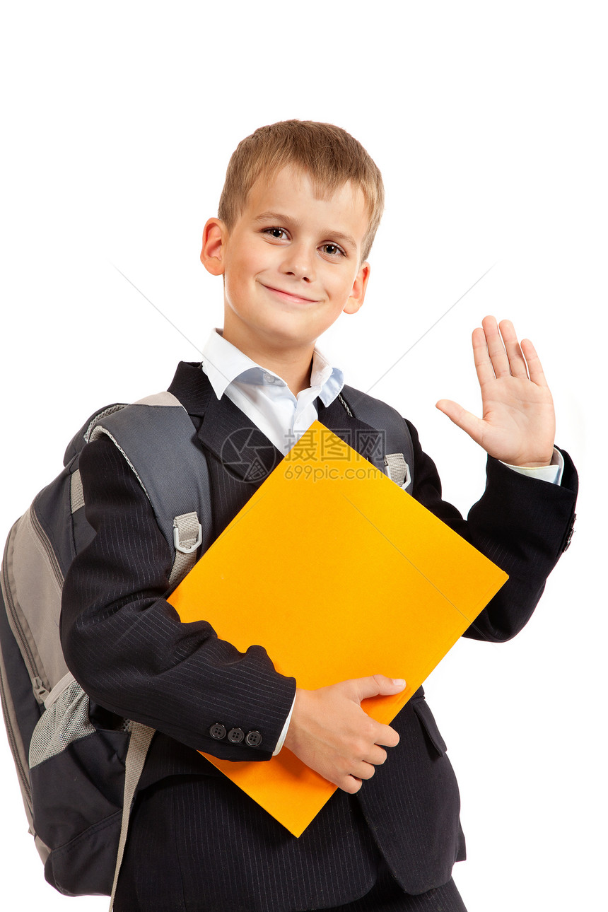 有橙色书的中学生学校精装手臂幼儿园白色青少年棕榈手指套装背包图片