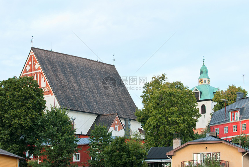 芬兰波尔沃教堂假期石头游客小屋教会村庄街道房子建筑旅行图片