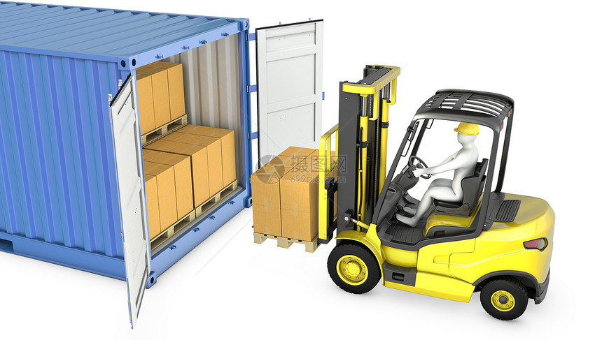 黄叉式卡车卸货货物集装箱船运机械电梯运输纸板机器载体包装货运卡车图片