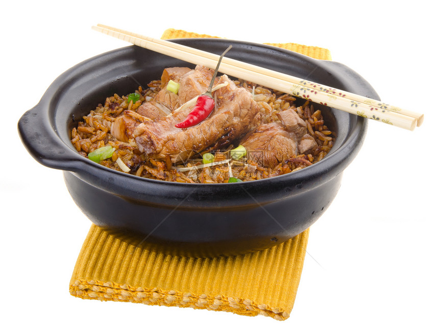 Claypoot猪肉大米烹饪红烧菜单午餐盘子食物筷子美食小吃沙拉图片