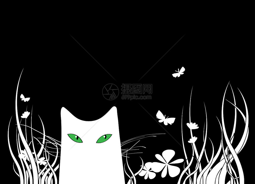 绿眼白猫黑色绿色宠物神话白色艺术插图蝴蝶眼睛图片