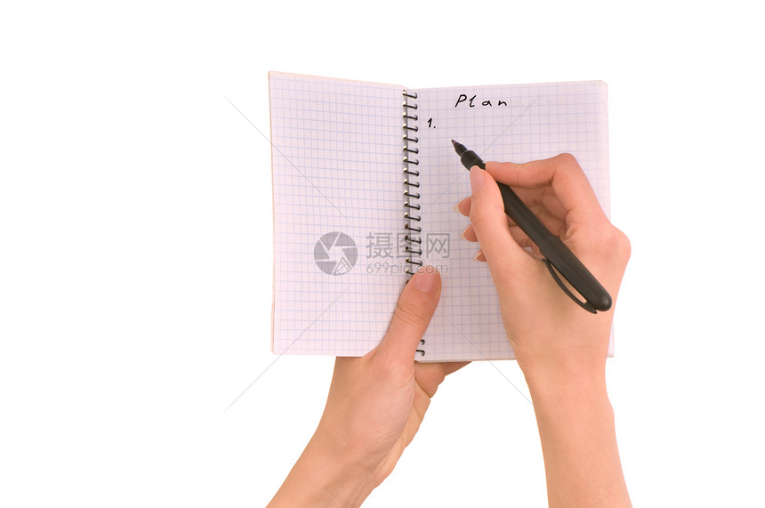 商业女商务人士写商业计划白色笔记宏观阅读女性学生笔记本手指图片