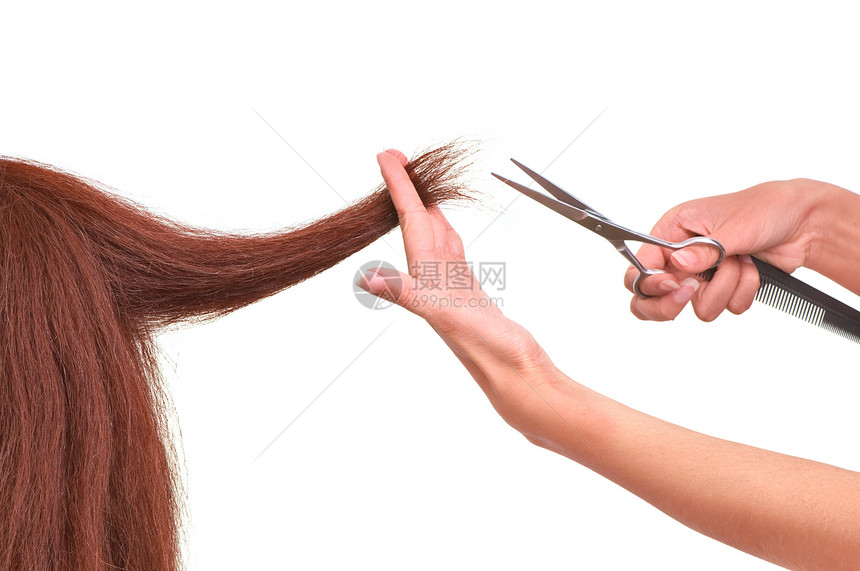 切割年轻女性的理发师棕色剪发头发剪刀职业沙龙造型微调器发型美容师图片