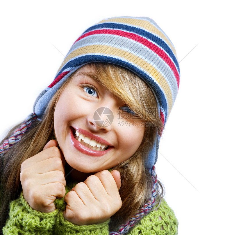 冬季少女画像快乐降雪帽子孩子美丽乐趣惊喜头发展示女士天气图片