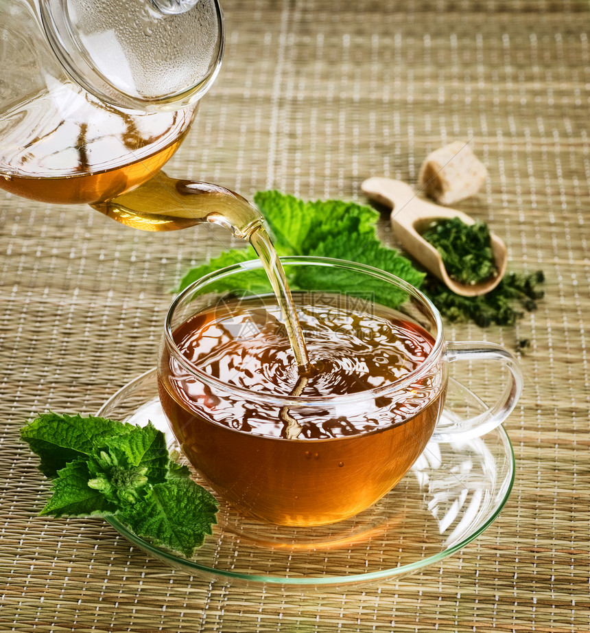 健康茶茶食物薄荷桌子茶壶玻璃蓝色酿造饮料仪式液体图片