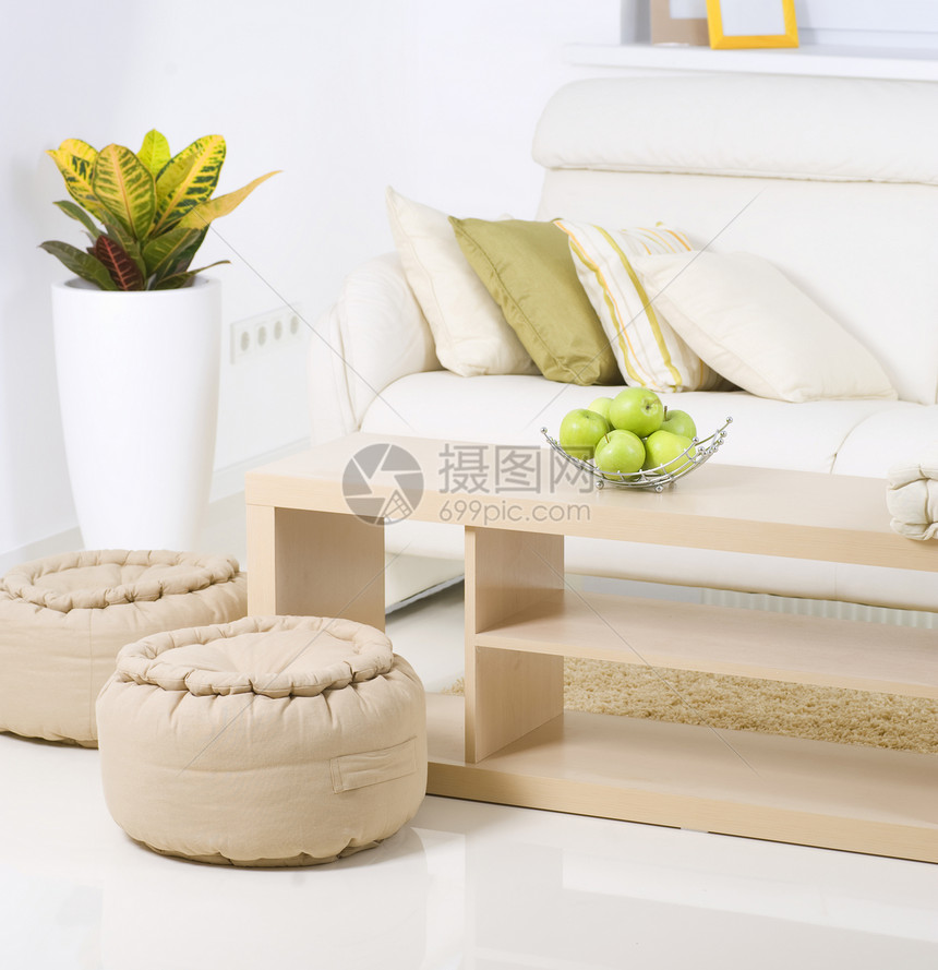 现代内地设计 白色客厅房间座位枕头框架地面沙发货架花朵家具装饰图片