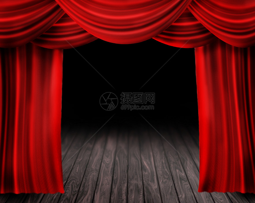 戏剧舞台和红幕幕剧院布料地面场景木头墙纸入口装饰天鹅绒展示图片