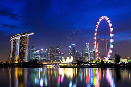 滨海国家晚上新加坡城市天际酒店地标街道旅游反射民众传单歌剧剧院文化背景