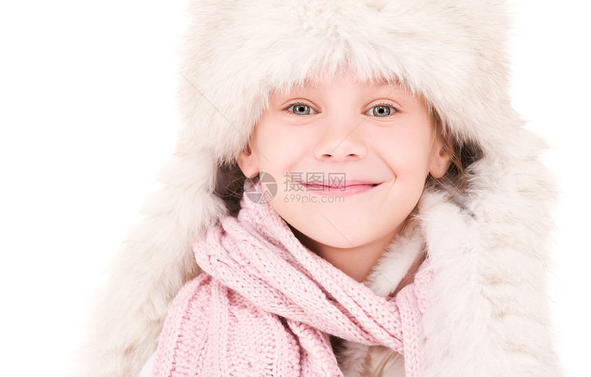 戴冬帽的快乐女孩孩子羊毛情感童年幸福围巾棉被帽子毛皮微笑图片