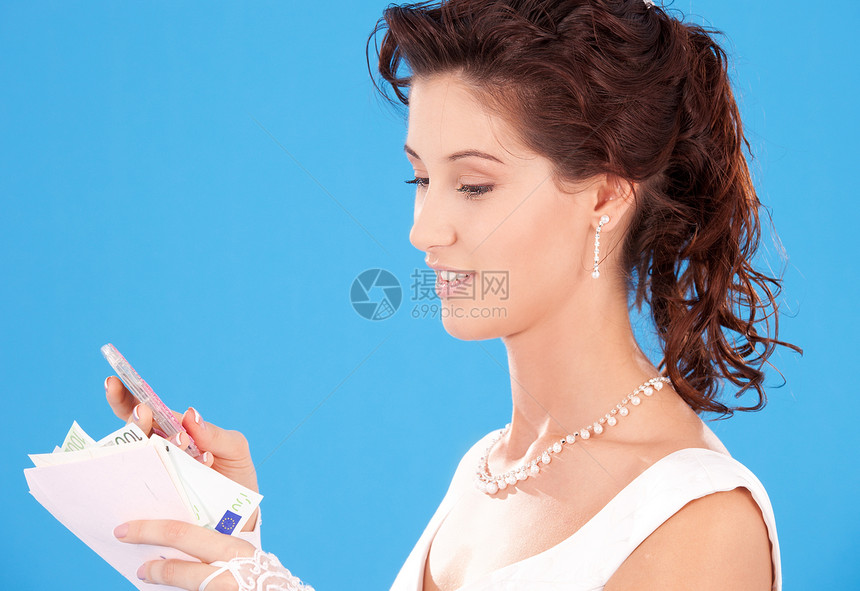 幸福的新娘计算器笔记优美女性经济已婚婚礼黑发成人妻子图片