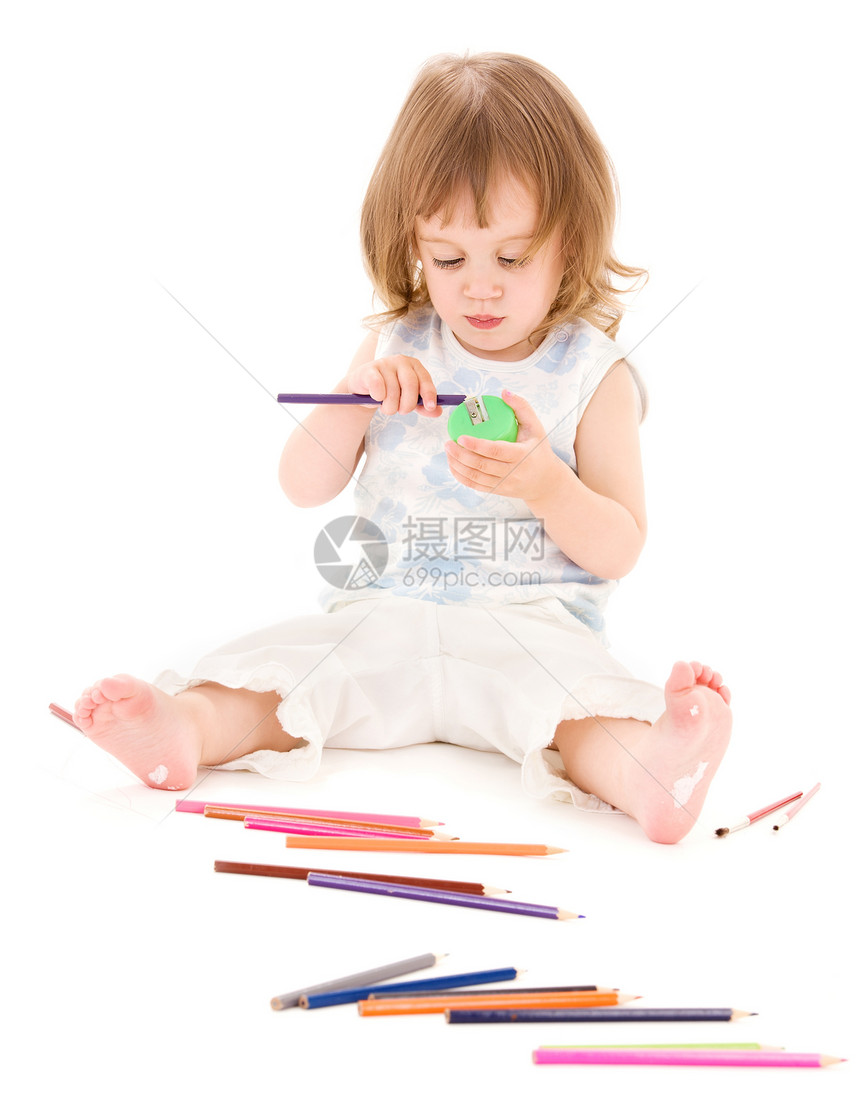 带彩色铅笔的小女孩金发女郎画笔婴儿白色童年女性微笑画家儿童女孩图片