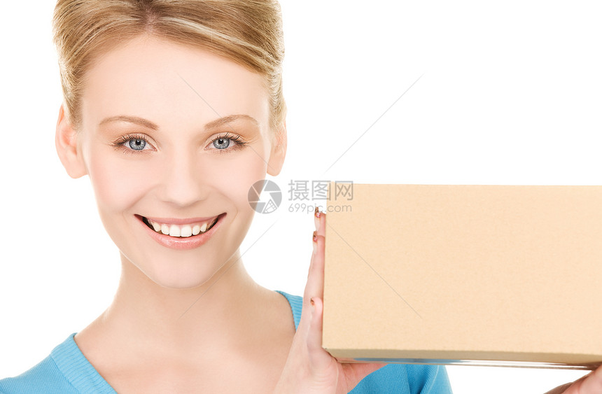 拥有包裹的女商务人士盒子女性商业船运女士运输包装女孩快乐送货图片