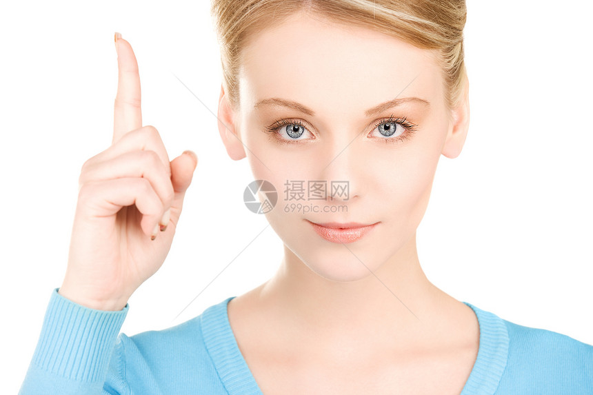 女人的手指举起她的手指警报成人人士女性快乐女孩公告微笑白色注意力图片