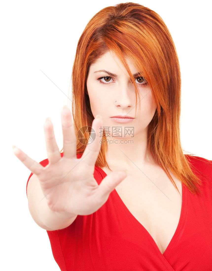 显示停止标志的妇女女性红色白色棕榈抑制成人警告禁令女孩手势图片