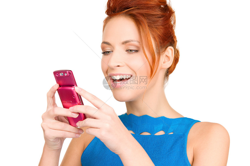 拥有手机的幸福妇女微笑网络互联网女孩上网电话阅读技术电子邮件邮件图片