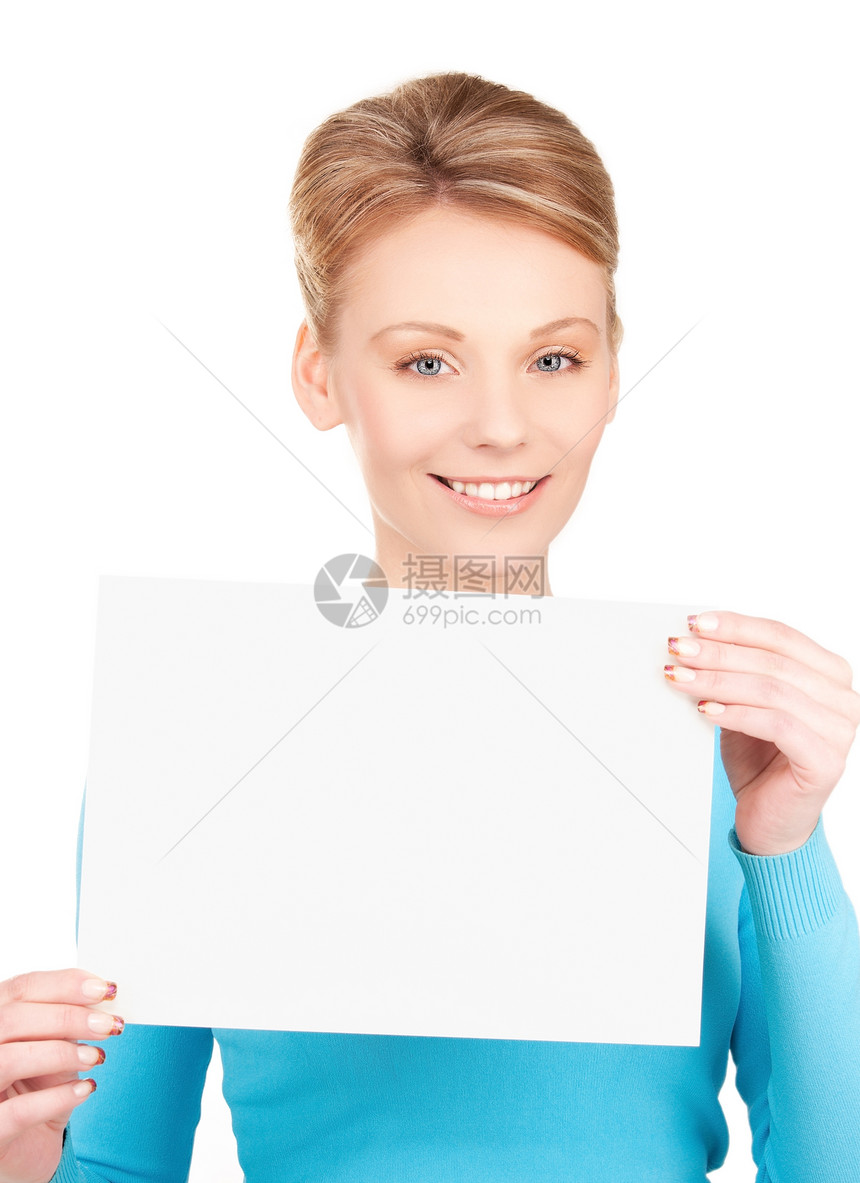 带着空白板的快乐女孩展示床单海报广告白色推介会微笑空白卡片女性图片
