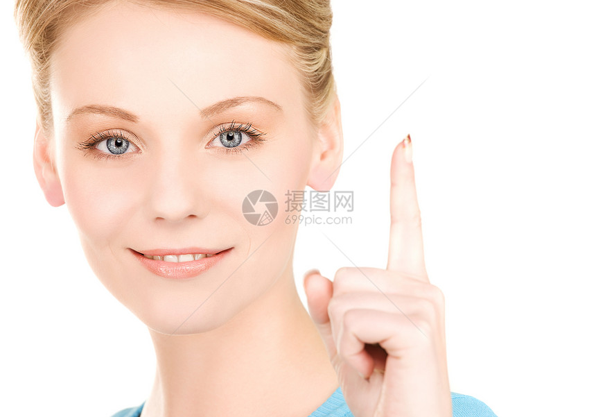 女人的手指举起她的手指注意力快乐成人白色手臂微笑金发女郎女孩商务人士图片