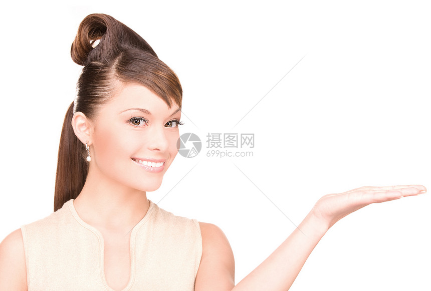 椰枣上的东西棕榈广告女性黑发白色微笑手势快乐女孩福利图片