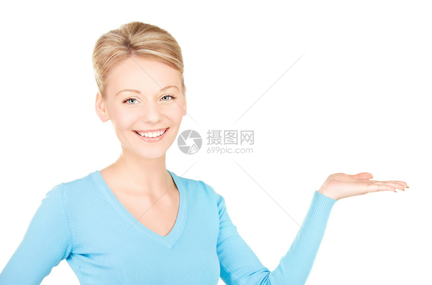 椰枣上的东西女性福利人士棕榈手势广告商务快乐蓝色女孩图片