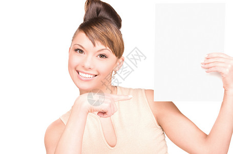 满满白板的幸福妇女黑发广告海报展示木板推介会女性微笑空白女孩背景图片