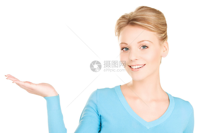 椰枣上的东西白色广告女性快乐福利金发女郎人士手势微笑蓝色图片
