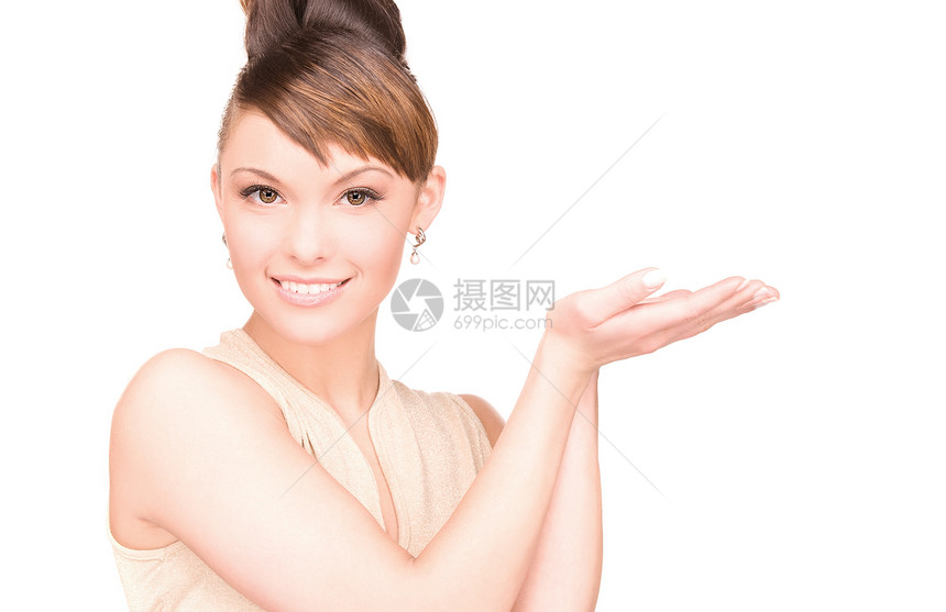 椰枣树上的东西微笑女性女孩手势成人手掌广告黑发白色快乐图片