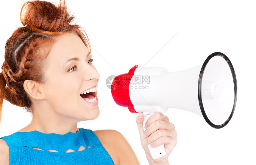 妇女用扩音器广播女性成人广告公告喇叭蓝色白色嗓音演讲图片