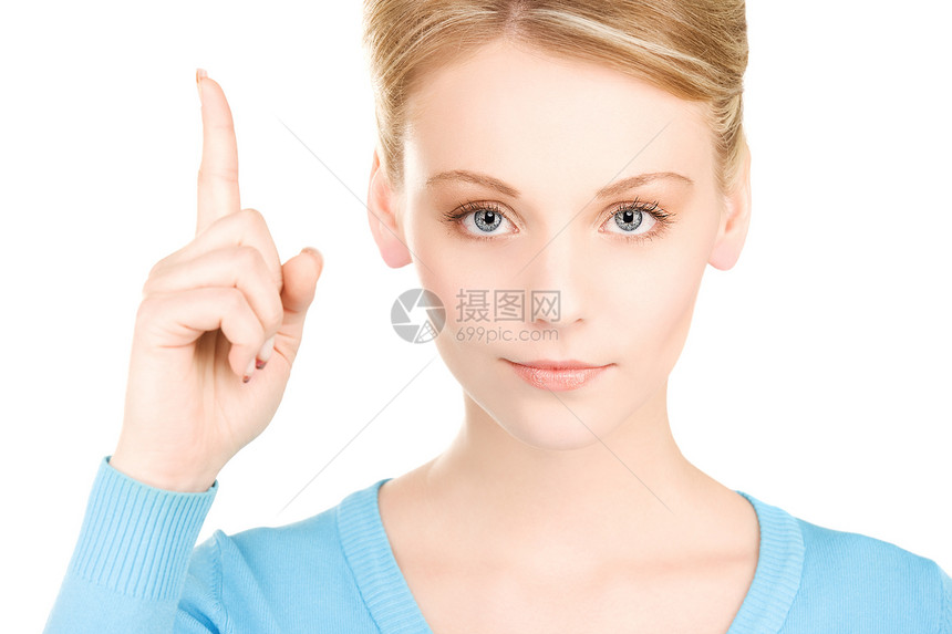 女人的手指举起她的手指人士手势女性手臂注意力白色指挥生长女孩金发女郎图片