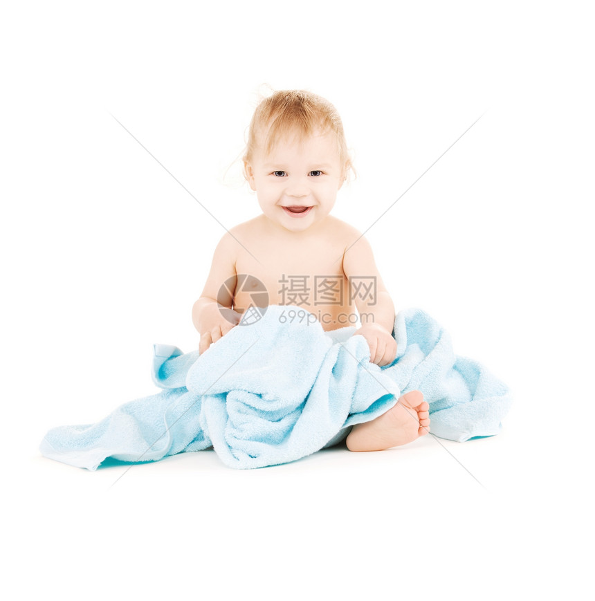 带蓝毛巾的婴儿皮肤乐趣青少年快乐孩子育儿男性童年卫生蓝色图片