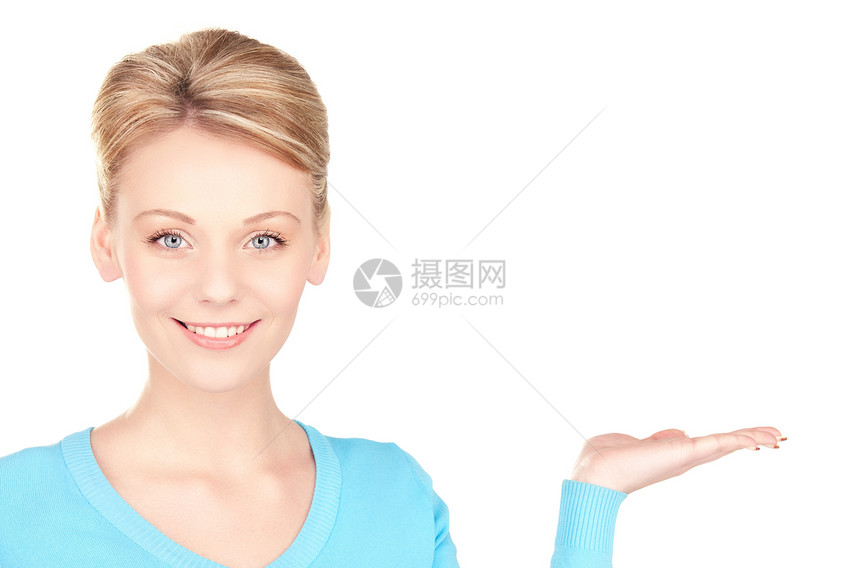 椰枣上的东西快乐商务福利手势白色女孩广告微笑蓝色金发女郎图片