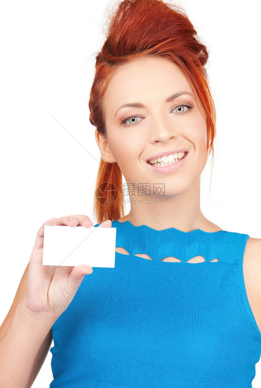拥有名片的快乐女孩商业白色蓝色人士女性商务空白广告微笑卡片图片