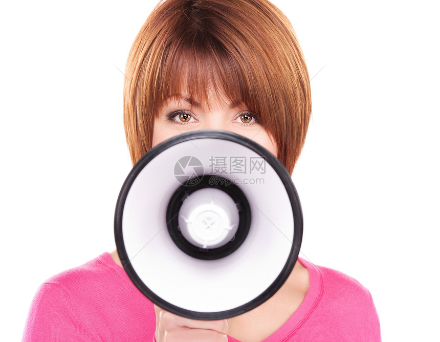 妇女用扩音器注意力成人白色公告女孩尖叫中年喇叭嗓音广播图片