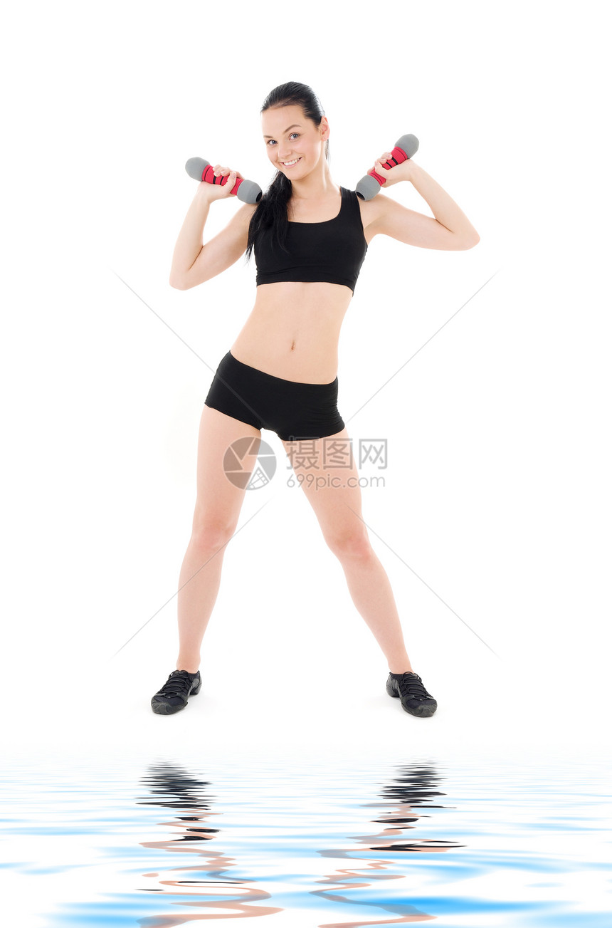 健身教练保健减肥女孩女性运动讲师快乐卫生哑铃活力图片