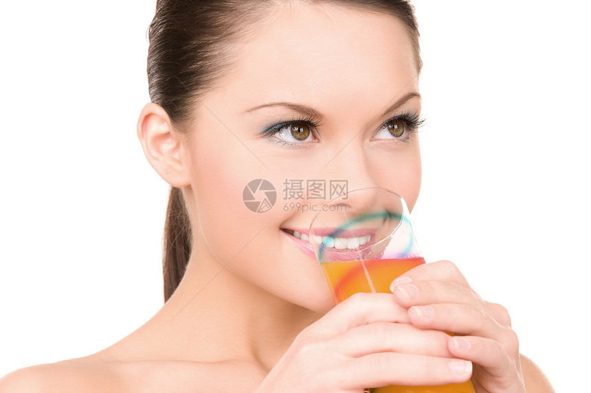 果汁玻璃女孩平衡饮料活力女性饮食橙子黑发卫生图片