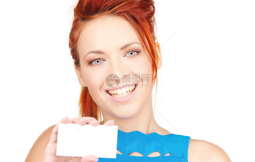 拥有名片的快乐女孩空白卡片微笑蓝色广告白色女性商业商务人士图片