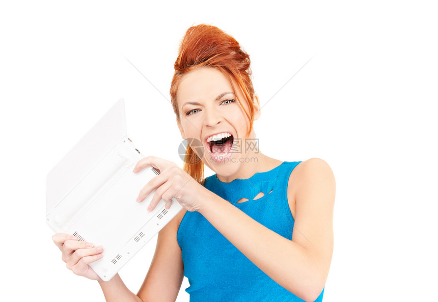使用笔记本电脑的愤怒妇女商业情感白色生意人工作女性人士公司商务侮辱图片