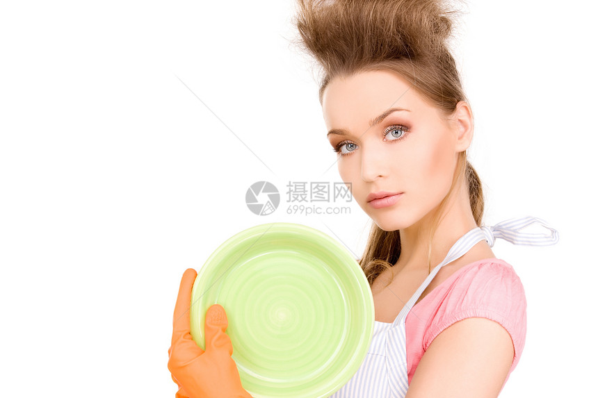 家庭主妇洗碗家庭主妇橡皮工作手套管家洗涤盘子女性女孩成人图片