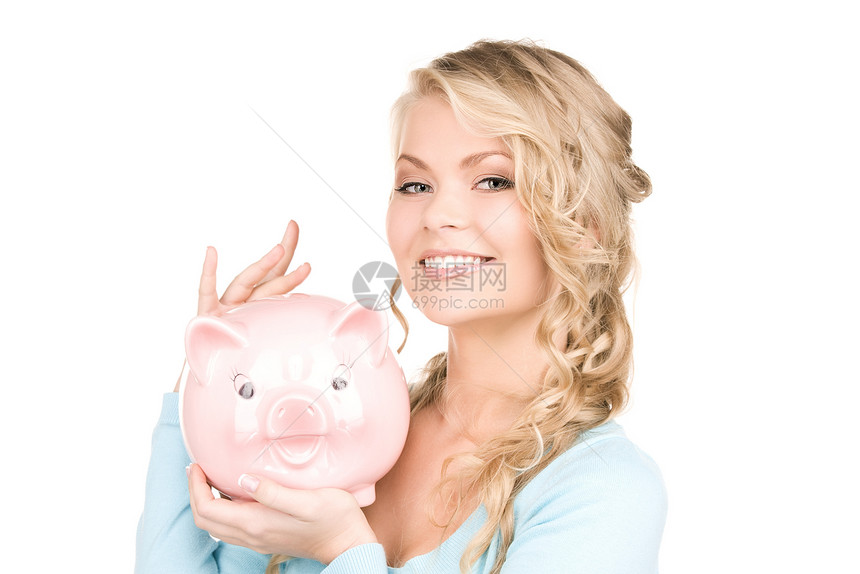 可爱的有小猪银行的女人快乐女性金融财政蓝色投资女孩成人银行经济图片