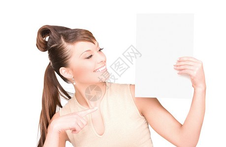 满满白板的幸福妇女女孩海报快乐空白广告卡片推介会白色黑发展示背景图片
