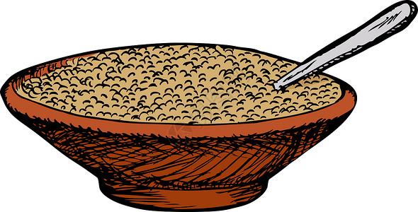 手绘燕麦谷物碗插图金属勺子粮食糊状制品燕麦麦片营养草图背景